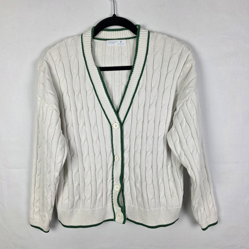 Primark Cares Womens White Green Tipped Cable Knit Cardigan Sweater Med Cotton